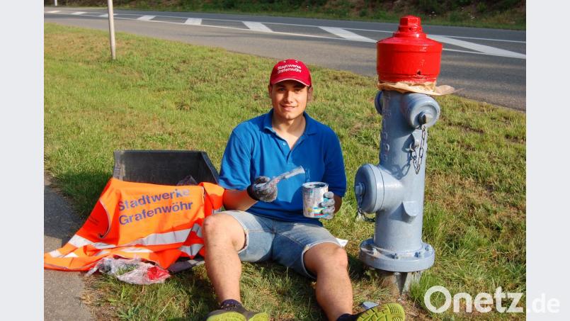 Einige der wichtigen Hydranten, scherzhaft als &quot;Straßenmännchen&quot; bezeichnet, hat Aghiad Alois Pirkl schon aufgehübscht. Zahlreiche muss er noch bearbeiten. Der reinste Zufall: Vom farblichen Outfit her passt er optisch gut zu seinen Objekten. az