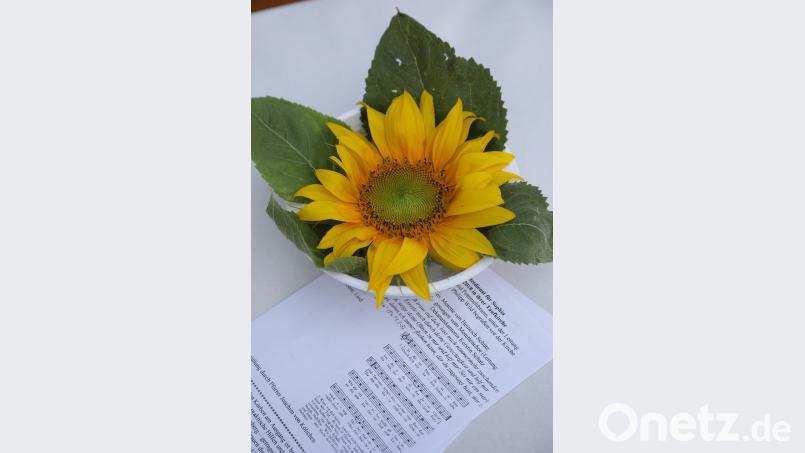 Eine Sonnenblume liegt auf dem Tisch bei der Trauerfeier für Sophia. Wolfgang Steinbacher