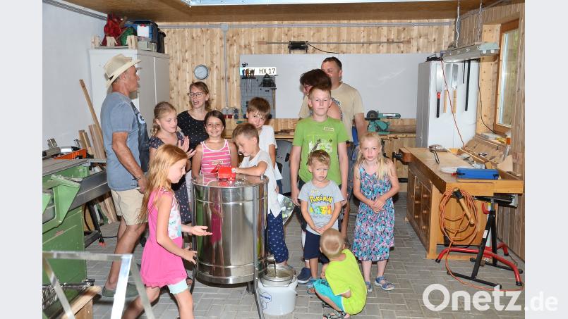 Während sich ein Teil an der Honigschleuder zu schaffen macht, informieren sich andere Teilnehmer draußen über die Bienenvölkern. fjo