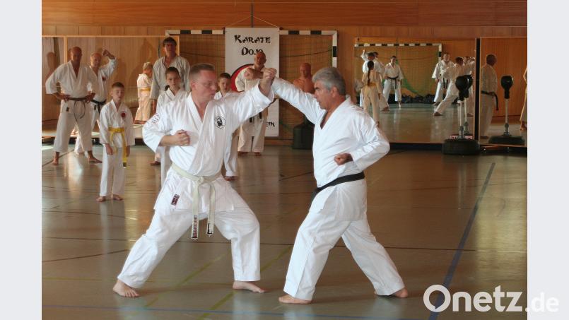 Karate-Großmeister Fritz Oblinger (vorne, rechts) zeigte den Karatekas vom Dojo Störnstein praktische Anwendungen von einstudierten Technikabläufen. bgm