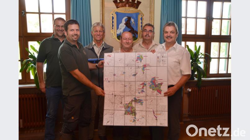 WBV-Förster Andreas Eiser (Zweiter von links) ist seit 1. Juli 2018 Betriebsleiter des Stadtwaldes. Ein Landtagsbeschluss aus dem Jahr 2017 setzte fest, dass sich der Staat aus der Betriebsleitung im Kommunalwald zurückziehen wird. Bisher war Forstdirektor Gerhard Hösl (Dritter von links) zuständig. Die oberste Aufsicht bleibt aber nach wie vor beim Staat. Eiser muss sich an den verbindlichen Forstwirtschaftsplan (vorne) halten. dob