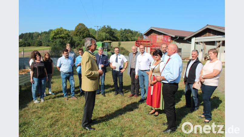 Erhebliche Mindererträgen bei der Ernte aufgrund der Trockenheit befürchtet der Präsident des BBV-Bezirksverbandes, Josef Wutz (Dritter von rechts), beim Besuch von Regierungspräsident Axel Bartelt (vorne links) auf dem landwirtschaftlichen Betrieb von Elisabeth Würstl und Stefan Koschta (Zweite und Vierter von links). stg