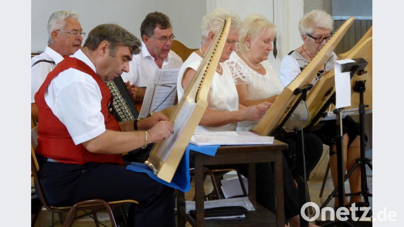 Die Mitglieder der Gruppe „Oberpfälzer Saitenklang“: Ludwig Putzer (Akkordeon), Norbert Puff (Gitarre) und die Veeh-Harfisten Josef Sterr, Angela Putzer, Irmgard Puff und Gisela Grim. fsb