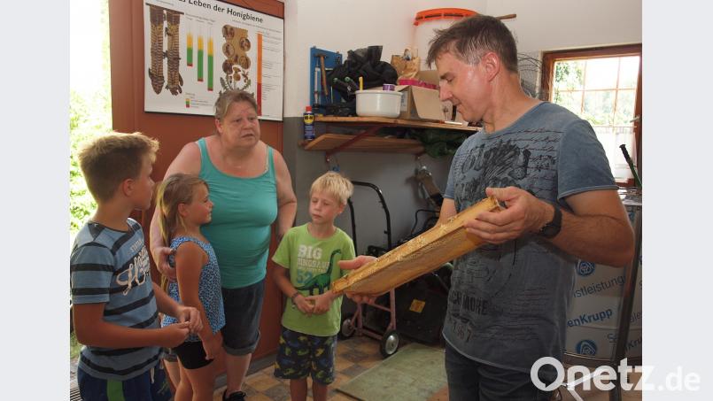 Interessierte Zuschauer fand „Bienen-Onkel“ Albert Stepper als er Bienenwaben entdeckelte. sön