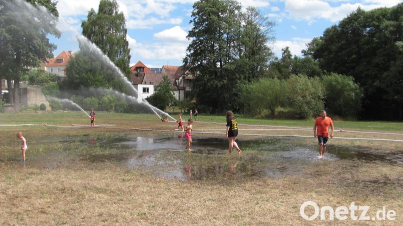 Auch Kommandant Siegfried Janner (rechts) lässt sich richtig nass machen. sei