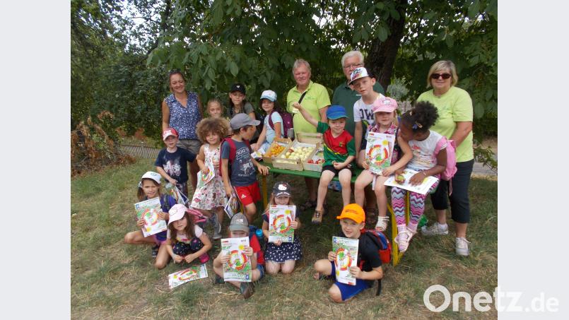 Kindergarten-Leiterin Daniela Preißinger (hinten, von links), OGV-Vorsitzender Andre Dietrich sowie Klaus Sehnke und Annemarie Preißinger vom OGV schauen sich mit den Kindern die Streuobstwiesen genauer an. alr