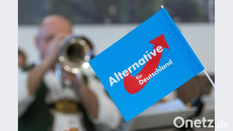 Ein Fähnchen der AfD vor einem Trompeter in Tracht. Armin Weigel/dpa