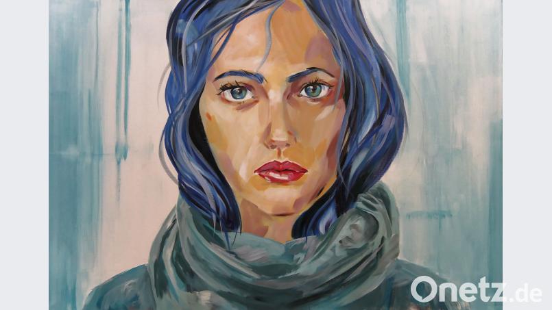 Mädchen mit blauen Haaren, Acryl auf Leinwand, von Eva-Maria Lange. tr