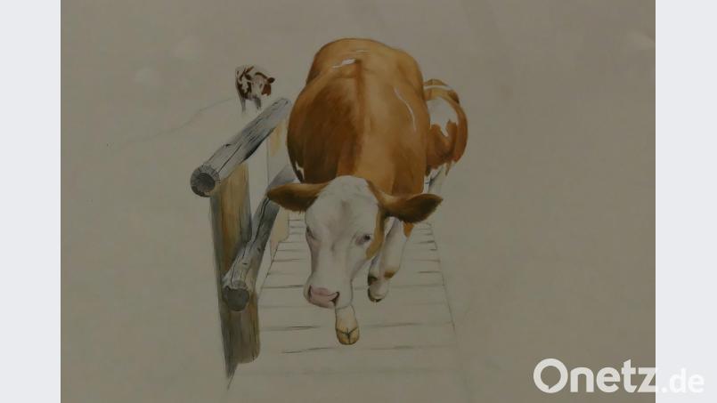 Kuh auf dem Steg, ein Aquarell von Madita Bakija. tr