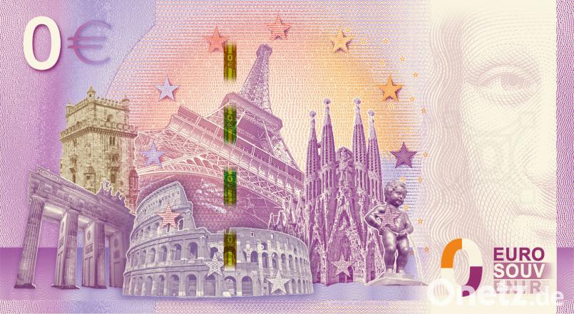 Die Rückseite der Sammelscheine ist immer dieselbe und zeigt berühmte Bauwerke wie den Eiffelturm in Paris und das Kolosseum in Rom. Bild: EuroSchein Souvenir GmbH