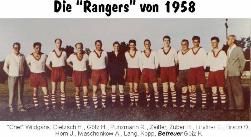 Die „Rangers“ von 1958: (von links) Chef Ludwig Wildgans, Hans Dietzsch, Herbert. Hubert Götz, Rudolf Punzmann, Jakob Zeitler, Heinz Zuber, Simon Lindner, Oskar Braun, Josef Horn, Adolf Iwaschenkow, Willi Lang, Waldemar Kopp und Betreuer Konrad Götz. Bild: ms