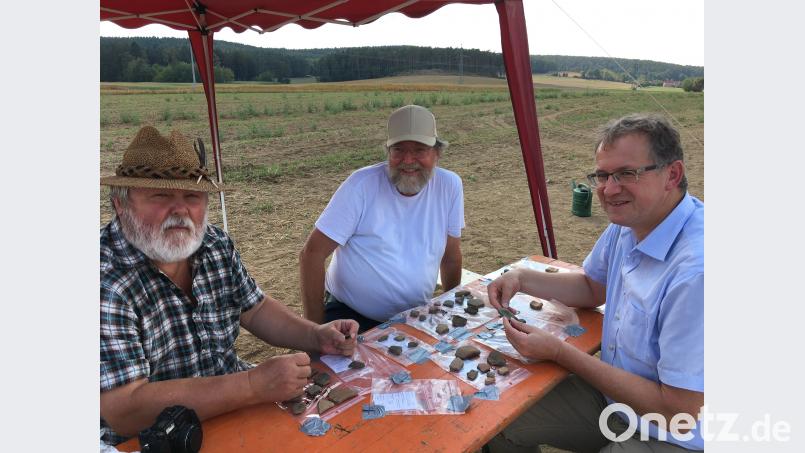 Professor Dr. Erik Szameit (hinten links) und Ortsheimatpfleger Heinrich Schwarz zeigen Zweitem Bürgermeister Franz Grabinger (rechts), was sie seit 6. August im Boden bei Dietstätt gefunden haben. Bild: Held