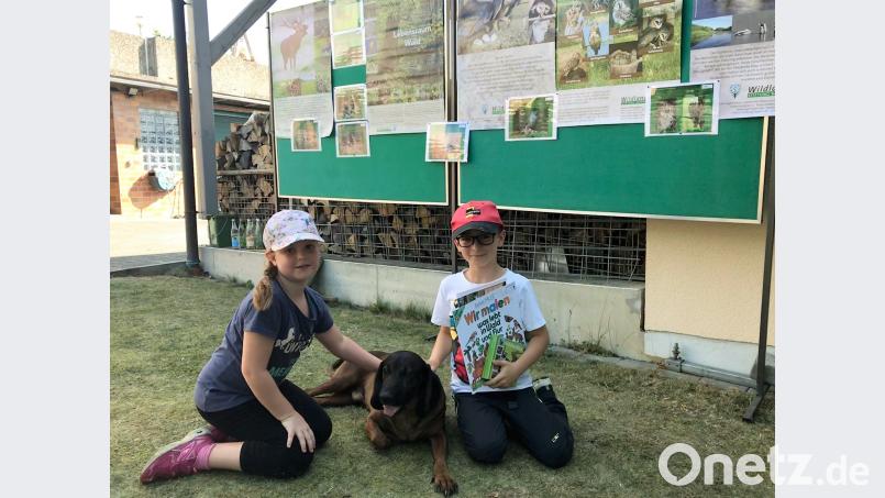 Zwei Ferienprogrammteilnehmer mit dem entspannten Jagdhund von Jäger Hans - der den Wolfsruf nachahmende Seth. Bild: wec