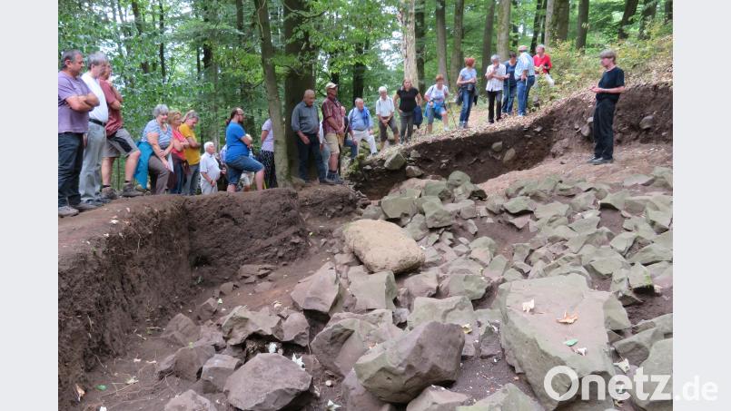 Am unteren Ringwall liegt die erste Verteidigungsbefestigung am Fuße der Geröllhalde. Hier war auch heuer wieder der Schwerpunkt der Ausgrabungen. Dr. Hans Losert (rechts) berichtete, dass in diesem Bereich zwischen den angehäuften Vulkansteinen besonders viele Fundstücke entdeckt wurden. Anhand der Fundstücke konnte der erfahrene Wissenschaftler die Erdschichten der jeweiligen Epochen bestimmen. Bild: ow