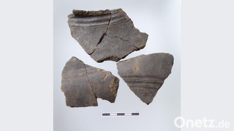 Ein Teil der nach dem Sturm 1966 aus dem östlichen Hügelgrab geborgenen Scherben eines graphitierten und mit Mustern verzierten Kegelhalsgefäßes befinden sich im Nabburger Stadtmuseum Zehentstadel. Bild: Kurt Engelhardt