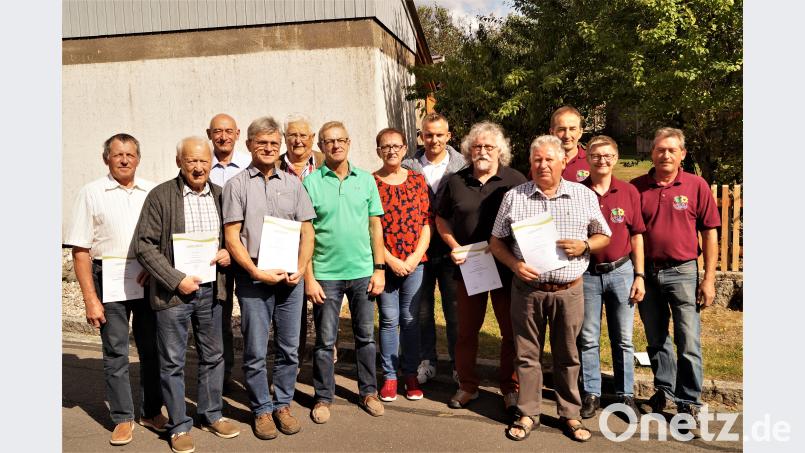 Beim Siedlerfest der Gemeinschaft Püchersreuth/Ilsenbach, erhalten etliche Mitglieder für zehn, 20 und 30 Jahre Mitgliedschaft Auszeichnungen aus den Händen von dritter Bürgermeisterin Maria Sauer (Siebte von links), sowie den Vorsitzenden Andreas Bonczyk und Gerhard Deinzer (von rechts). Bild: arw