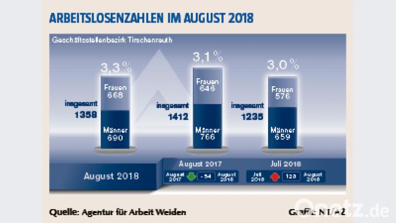 Die Arbeitslosenzahlen im Bezirk Tirschenreuth für August 2018 Bild: Grafik nt/az