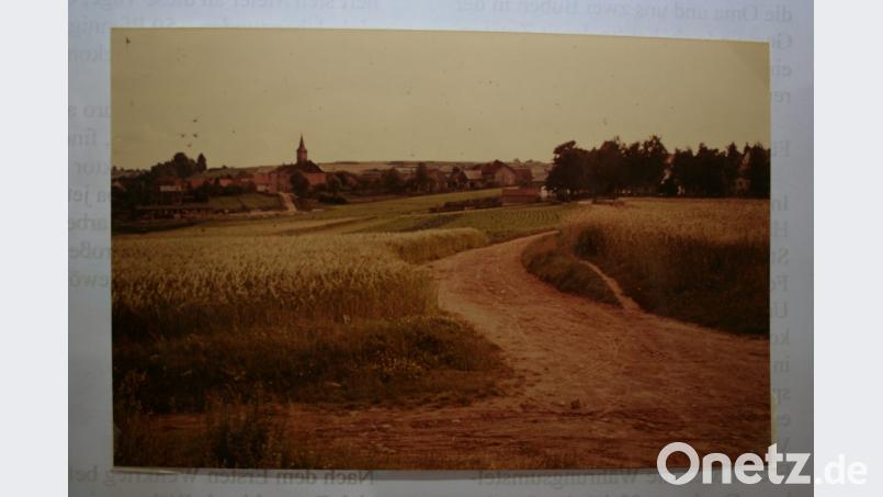 So sah noch bis in die 50er Jahre der Ackerweg aus, der ab dem Friedhof (rechts hinter Bäumen) zum Lohweiher führte. Vorne die Kreuzung: Links zum „Felsenkeller“, rechts zum „Dampferstadel“ Im Hintergrund Pfarrkirche und Allee zur Bergkirche. Zu sehen ist auch der Weg vom Schulhaus zum Sportplatz, auf dem später die Handschuhnäherei stand. Wo die jetzige Siedlung entstand, gab es Getreidefelder und „Erdäpfläcker“. Bild: gpa