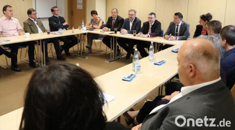 Vertreter aus Kommunalpolitik, Wirtschaft, Handel, Gewerbe und Industrie waren zum Fachgespräch mit Staatsminister Florian Herrmann (Siebter von links), MdL Alexander Flierl und Landrat Thomas Ebeling (links und rechts daneben) nach Gütenland gekommen. Bild: Götz