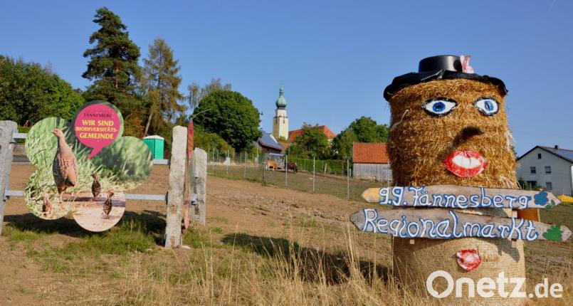 Die Einladung zum 13.Regionalmarkt in der Biodiversitätsgemeinde Tännesberg (im Hintergrund der Zwiebelturm der Pfarrklirche) neben der Infotafel &quot;Wir sind Biodiversitätsgemeinde&quot; am Ortsrand in der Großenschwandner Straße ist nicht zu übersehen. Bild: es
