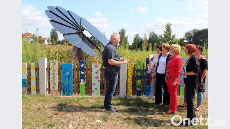 Bürgermeister Uli Roth (links) erläuterte der SPD-Delegation mit Staatssekretärin Rita Hagl-Kehl (in Rot) an der Spitze, was es mit den "Solarblumen" im Bürgerpark auf sich hat. Eingefädelt hatte den Besuch Landtagskandidatin Jutta Deiml (rechts). Bild: stg