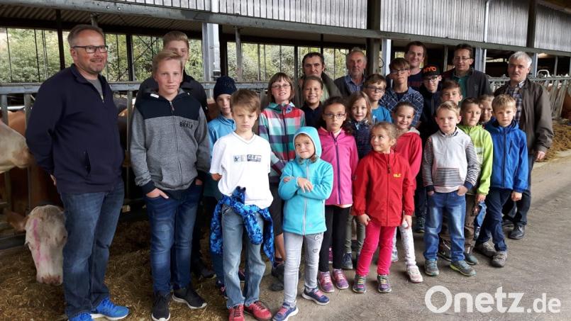 Die Gruppe steht am Futtertisch in Almesbach zusammen mit den Gemeinderäten Matthias Fütterer (links) und FW-Vorsitzendem Rupert Seitz (rechts) sowie Wolfgang Schmidt (hinten, Mitte) der durch den Betrieb führte. Bild: rs