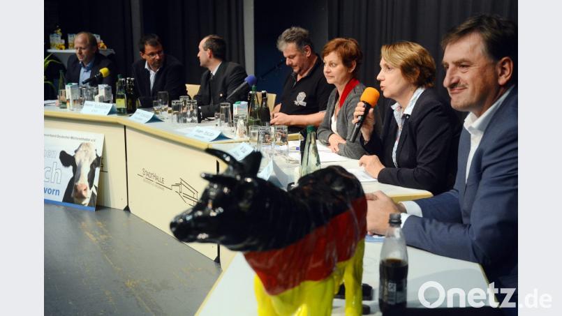 Auf dem Podium dikutieren (von links): BDM-Landesvorsitzender Manfred Gilch, CSU-Landtagsabgeordneter Martin schöffel, FW-Bundesvorsitzender Hubert Aiwanger, Moderator Jürgen Herda, Grünen-Landeschefin Sigi Hagl, SPD-Landtagsabgeordnete Annette Karl und Günther Felßner, Vizepräsident des Bayerischen Bauernverbandes. Bild: Gabi Schönberger