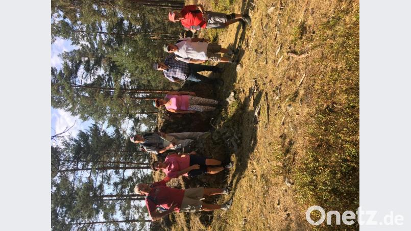 Die gut gelaunten, rüstigen Wanderer im „Föhrenbühl“ mit Specksteinbruch vor Grötschenreuth. Bild: roh