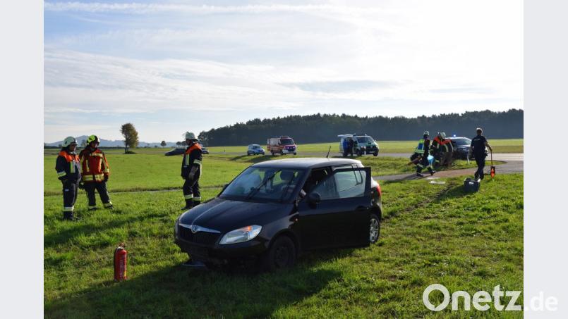 Mit ihrem Ausweichmanöver vermeidet die Skoda-Fahrerin zwar den Zusammenstoß mit einem Traktorgespann, jedoch nicht den mit einem Wasserdurchlass. Schwerbeschädigt bleibt das Auto in einer Wiese stehen, die 27-Jährige zieht sich leichte Verletzungen zu. Bild: mde