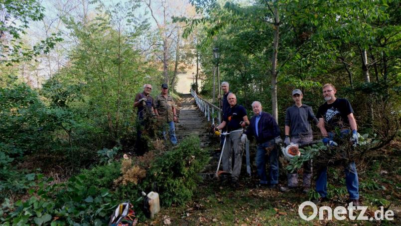 Das Arbeitsteam mit Einsatzleiter Sigi Schell, Hauptkassier Bernd Meier, Schriftführer Gerd Lindner, Ausschussmitglied Witiko Watzl, Werner Löw und Lorenz Kraus sowie Vorsitzendem Karl Kraus hat auf dem Nikolausberg ganze Arbeit geleistet. Bild: le