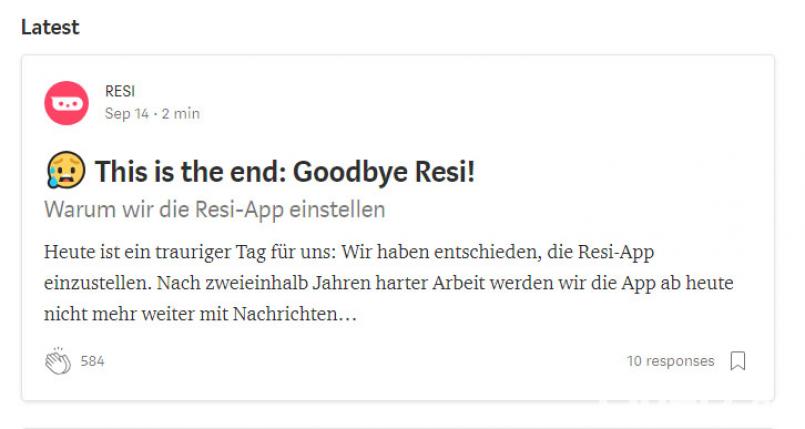 Die Nachrichten-App Resi wird eingestellt. Bild: screenshot: medium.com/@RESI