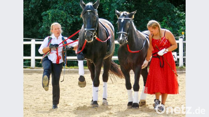 Silke Hertel und Angela Raps demonstrieren das Arbeiten mit zwei Pferden am Langzügel. Bild: hai