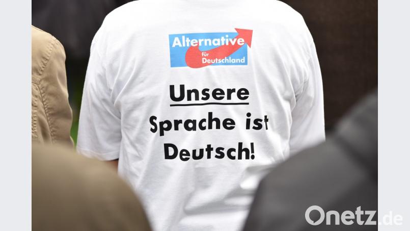 Ein Anhänger der AfD trägt ein T-Shirt mit dem Aufdruck &quot;Unsere Sprache ist Deutsch!&quot;. Bild: Lino Mirgeler/dpa
