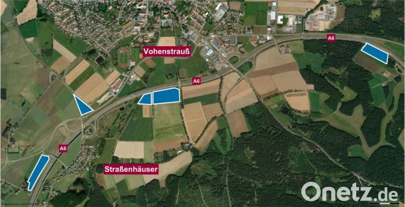 Vier Freiflächen-Photovoltaikanlagen sollen an der Autobahn A6 bei Straßenhäuser, Vohenstrauß und kurz vor Braunetsrieth erstellt werden. Die BHM Planungsgesellschaft hat im Auftrag der Zeno Natur GmbH aus Floß erste Pläne mit den betreffenden Flächen erstellt. Bild: NT/AZ