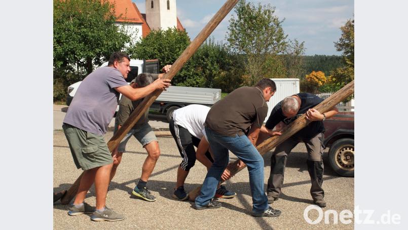 Kräftige Mannsbilder wuchten den Kirwabaum mit Goißn in die Senkrechte. Bild: sön