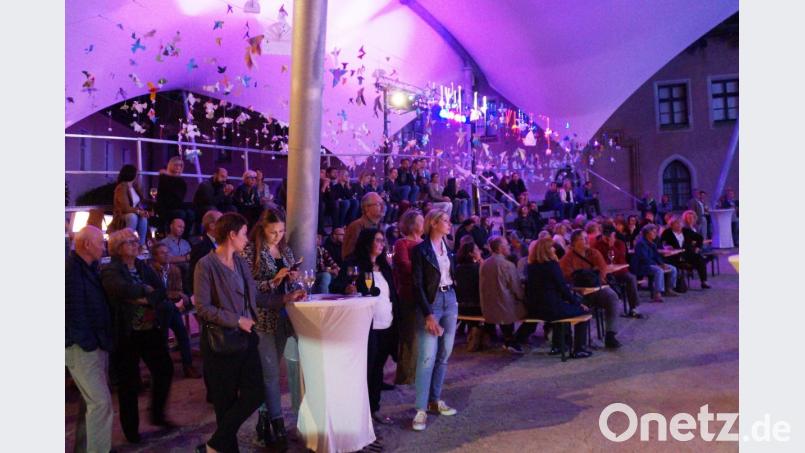 800 von Kindergartenkindern und Schülern gebastelte Friedenstauben hingen am Dach der Tribüne über den überaus zahlreichen Gästen, die mit viel Interesse die neue Art der Vernissage erlebten. Bild: weu