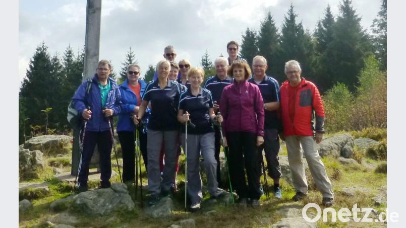 Die Teilnehmer der Fahrt des TSV Pressath stellen sich auf dem Gipfel des Pröller zum Erinnerungsfoto auf. Bild: exb