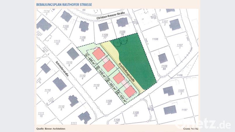 An der Rastenhofer Straße sollen vier Einfamilienhäuser entstehen und mit einer Stichstraße erschlossen werden. Das gefällt einigen Nachbarn nicht. Der Stadtrat hält trotzdem an dem Mini-Baugebiet fest. Bild: Plan: Binner-Architekten/Grafik: NT/AZ
