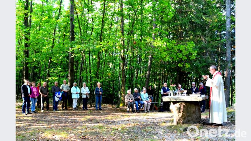 In der wärmenden Sonne eines Spätsommerabends in der faszinierende idyllischen Natur am Gipfel des Buchbergs feierte Pfarrer Josef Irlbacher eine Messe mit den Schnaittenbacher Trachtlern und einer Schar Gläubigen. Die tiefschürfende Predigt zum Thema Kreuz gab Anlass zum Nachdenken. Bild: ads