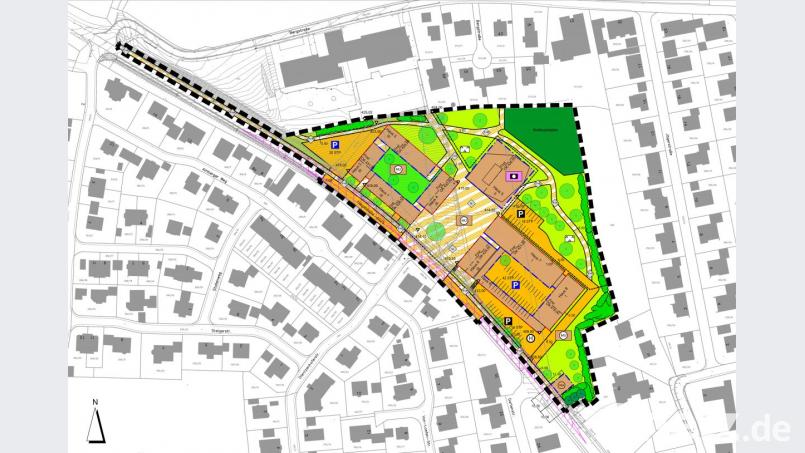 Die Dientzenhofer Straße führt relativ zentral aufs Gelände, das neben einem Waldspielplatz (dunkelgrüne Fläche) auch ein Bürgerhaus (davor) mit 1900 Quadratmetern, ein neues Rathaus (links unten), einen Einkaufsmarkt (oben im rechten Gebäudeblock) sowie Platz für Wohnungen, Läden und Praxen vorsieht. Bild: Landschaftsarchitektur Lösch