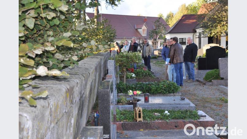 Wegen des Wurzelwerks der Alleebäume an der Hauptstraße neigt sich die Friedhofsmauer etwas nach innen. Darauf weist Bürgermeister Manfred Porsch den Bauausschuss hin. Bild: ak