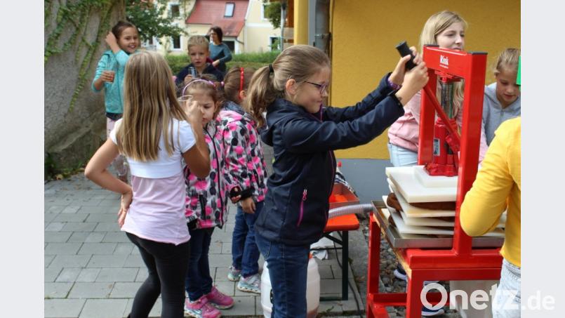 Gerne halfen die Kinder beim Bedienen der Obstpresse. Bild: exb