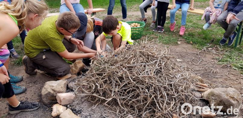Trockenes Kartoffelkraut dient den Kindern als Brennmaterial für ein Kartoffelfeuer. Bild: hai