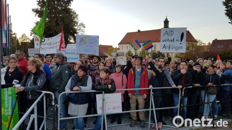 Vor der Schwarzachtalhalle versammelten sich rund 250 Kundgebungs-Teilnehmer. Sie machten lautstark deutlich, was sie von den AfD-Befürwortern halten. Bilder: Christopher Dotzler (2) Bild: Christopher Dotzler