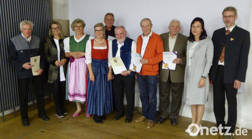 Ehrung der Gründungsmitglieder: (v. links) Siegfried Dorner, Kerstin Homberg vom Fränkischen Sängerbund, Vorsitzende Brigitta Schultz, Dirigentin Elvira Kuhl, Georg Burkhard, Alfons Pschierer, Heinz Götz, Michael Dorner, Bürgermeisterin Tanja Schiffmann, Georg Eber- höch vom Sängerkreis Nordoberpfalz Bild: fsb