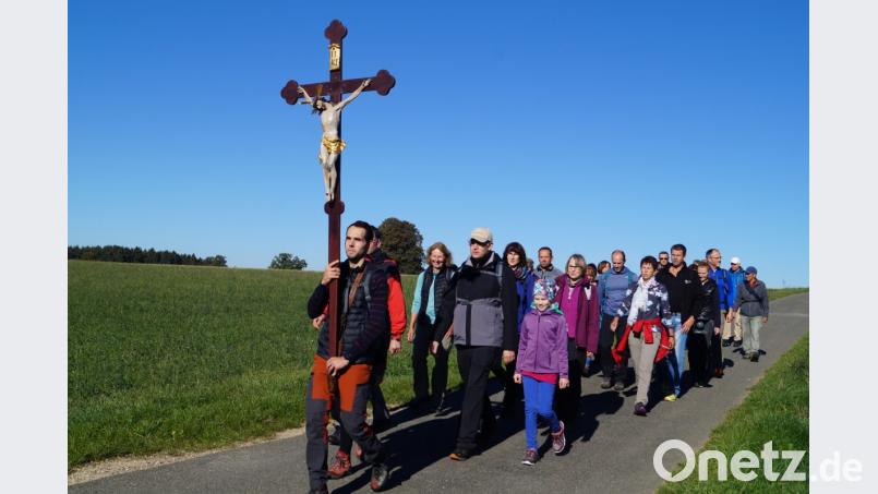 "Wir ziehen zur Mutter der Gnaden", singen die 28 Pilger am Sonntag auf ihrem fünfstündigen Weg zur Wallfahrtskirche auf den Fahrenberg. Bild: du