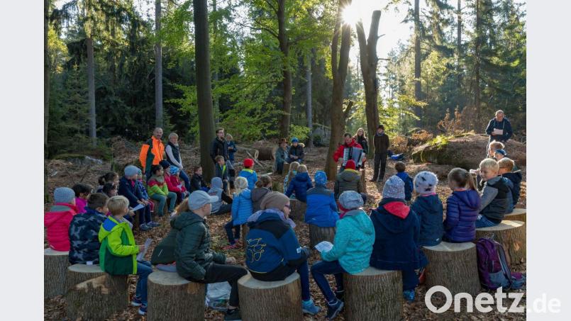 Eröffnung des „Grünen Klassenzimmers“ bei Bischofsgrün: Mit Liedern feiern die Schüler die Eröffnung ihres neuen Lern- und Spielortes im Wald. Bild: exb