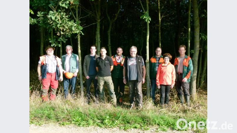 Eine Wanderung zu Jungwäldern unternehmen Forstwirtschaftsmeister Reinhard Wiesent (links) und Forstamtsrat Martin Gottsche (Vierter von links) mit einigen Waldbesitzern. An vier Jungholzbeständen informieren sie über deren Pflege. Bild: rn