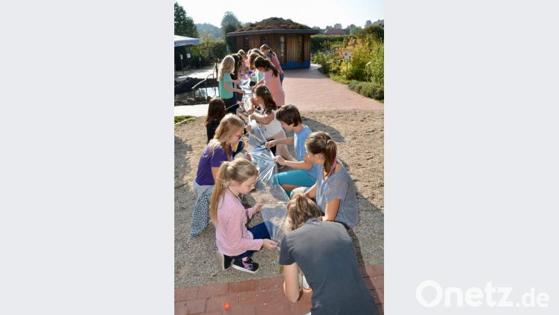 Schülerinnen der Klasse 5b packen gemeinsam an, damit ein kniffliges Spiel mit Wasser für alle möglichst trocken ausgeht. Bild: exb