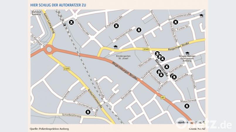 Die Polizei hat in einer Grafik zusammengefasst, wo der Unbekannte die geparkten Autos beschädigt hat. Bild: exb